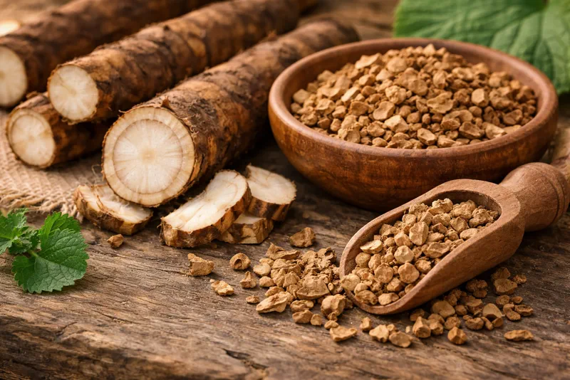 Sliced burdock root pieces on a cutting board.