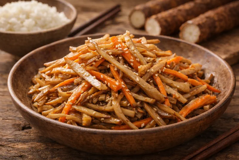 Burdock root (gobo) stir-fry in a pan.