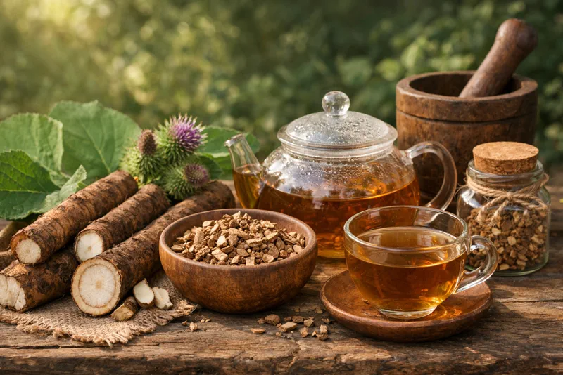 A warm cup of burdock root tea.