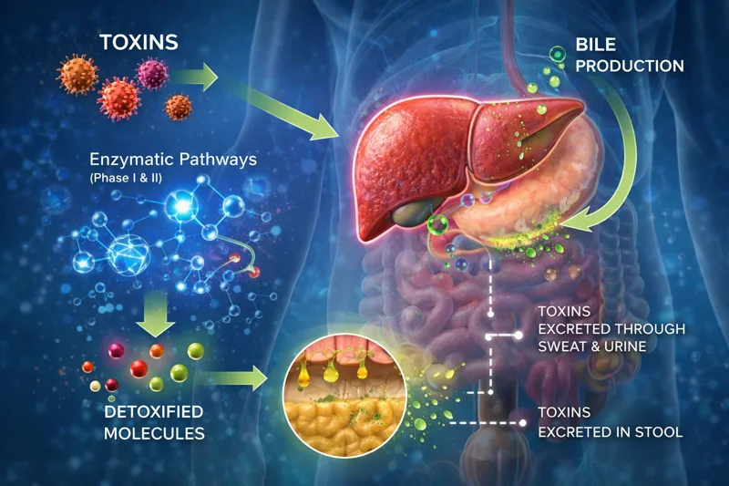 Body detoxification pathways diagram showing liver, kidneys, lymphatic system, and elimination organs working together to remove toxins naturally.