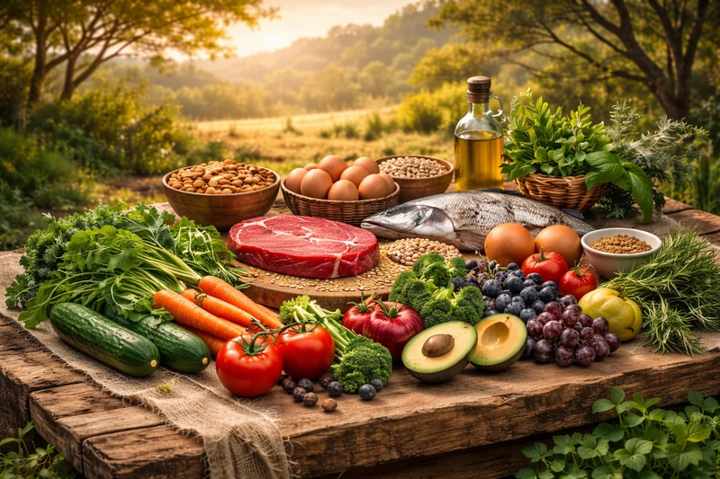 Vibrant fresh natural whole foods including vegetables, fruits, and traditional ingredients representing ancestral nourishment.