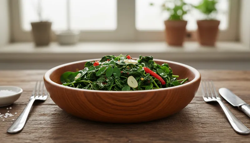 Moringa leaves in a bowl, prepared like leafy greens.