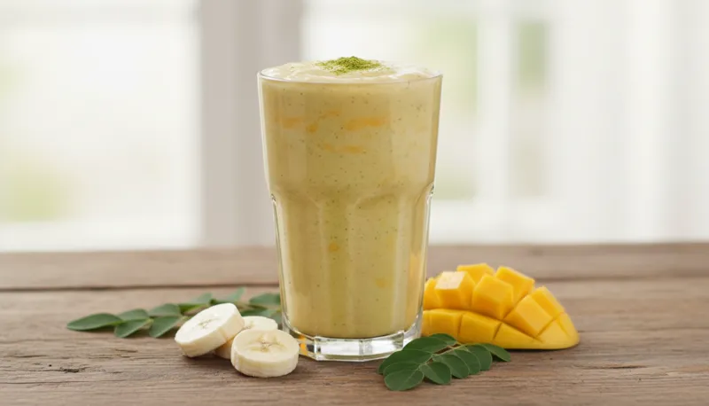 A tropical smoothie with moringa powder added (banana and mango style).