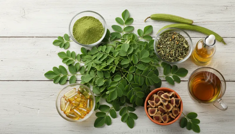 Moringa shown in multiple forms: leaves, powder, tea, capsules, seeds, and oil.