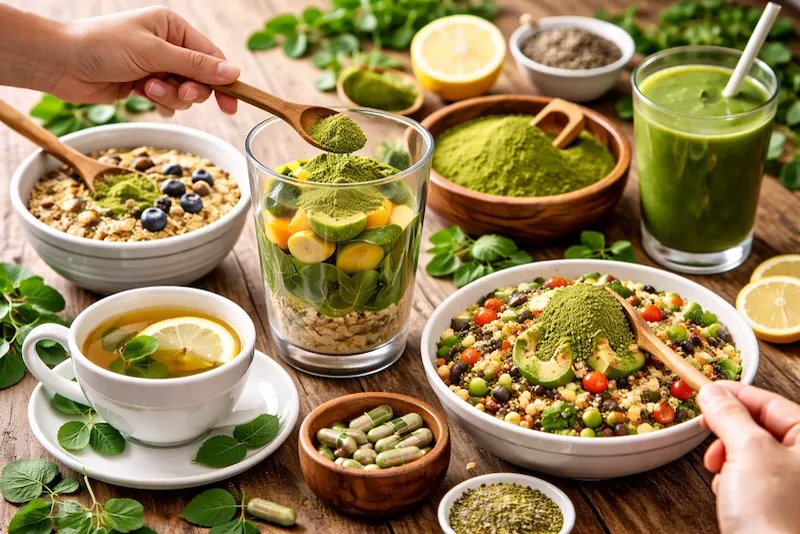 A flat-lay of moringa in common routine forms: tea, powder, and capsules.