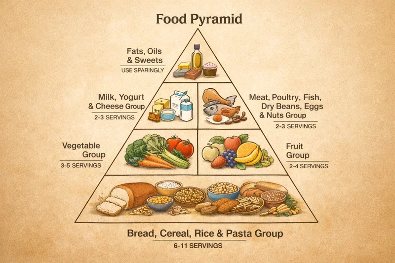Original USDA food pyramid from 1992 showing grains at the base with 6-11 servings recommended daily.