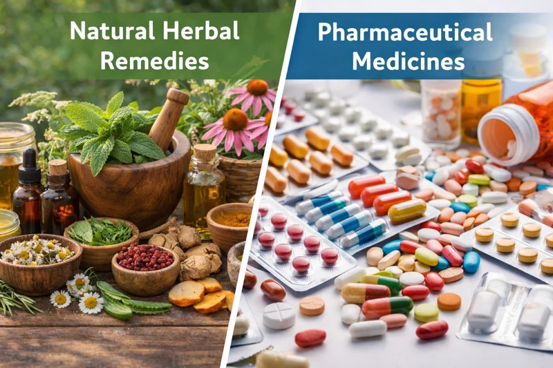 Natural herbal remedies versus pharmaceutical drugs comparison showing plant-based healing alternatives and holistic medicine benefits.