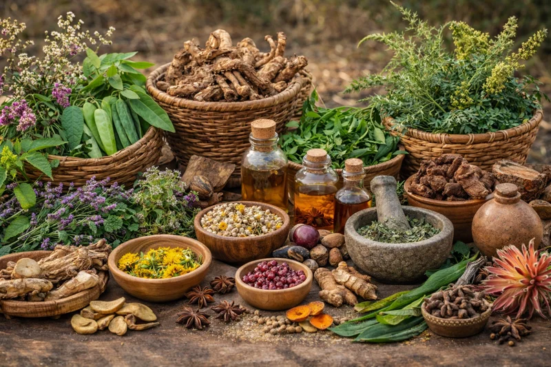 Indigenous African traditional medicine featuring medicinal plants, healing herbs, and ancestral wisdom from African herbal healing practices.