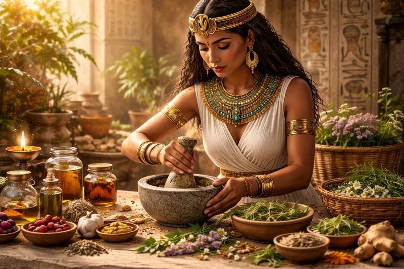 Traditional herbal remedy preparation with mortar and pestle, dried medicinal herbs, and natural healing ingredients for holistic wellness.