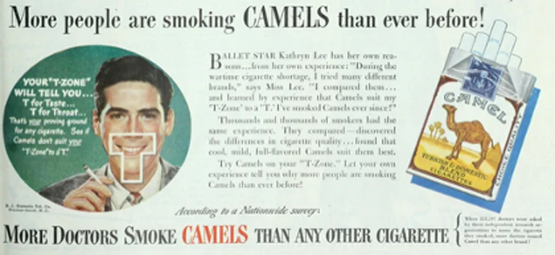Vintage 1940s Camel cigarette advertisement featuring doctor endorsement demonstrating historical authority bias in medical marketing and importance of questioning health claims.