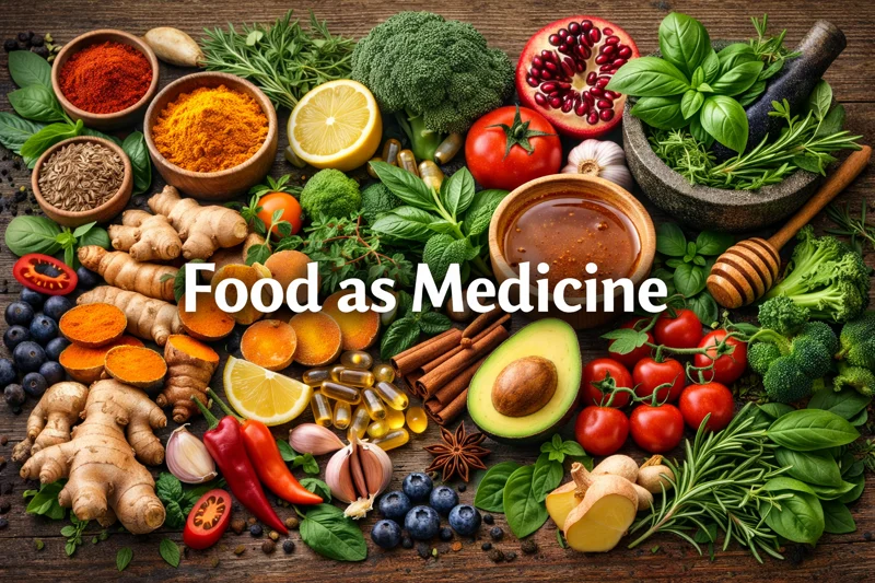 Vibrant array of healing foods including fresh herbs, medicinal spices, colorful fruits and vegetables demonstrating food as medicine philosophy from ancient wisdom to modern nutrition science.