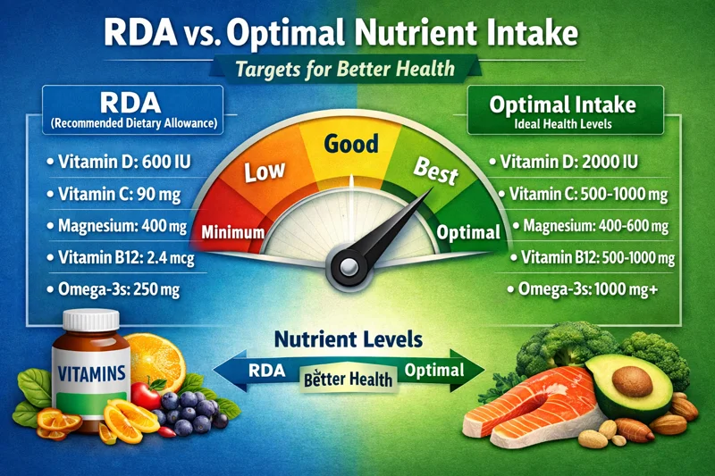 RDA recommended daily allowance chart comparing official vitamin and mineral guidelines versus optimal nutritional intake levels supported by independent research for enhanced health.
