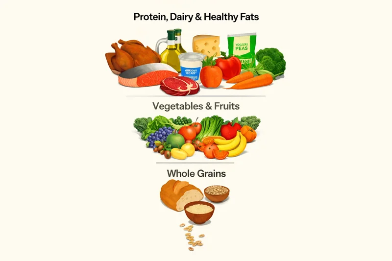RFK Jr.'s proposed new inverted food pyramid prioritizing vegetables, proteins, and healthy fats over processed grains.